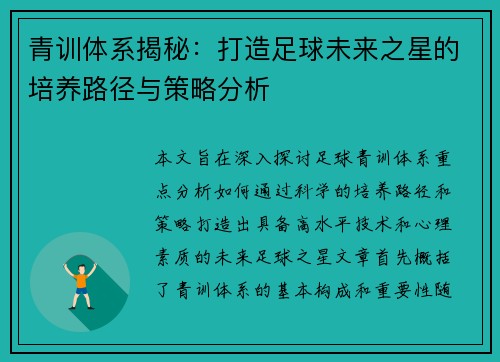 青训体系揭秘：打造足球未来之星的培养路径与策略分析