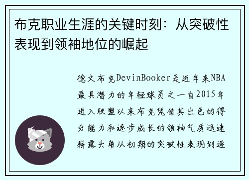 布克职业生涯的关键时刻：从突破性表现到领袖地位的崛起