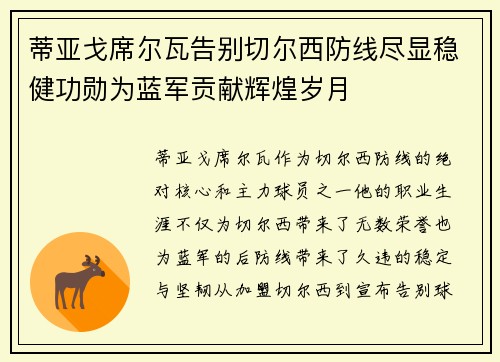 蒂亚戈席尔瓦告别切尔西防线尽显稳健功勋为蓝军贡献辉煌岁月