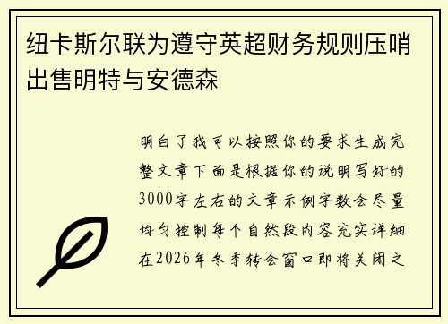 纽卡斯尔联为遵守英超财务规则压哨出售明特与安德森